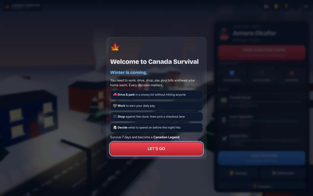 The welcome screen: winter is coming, survive 7 days.